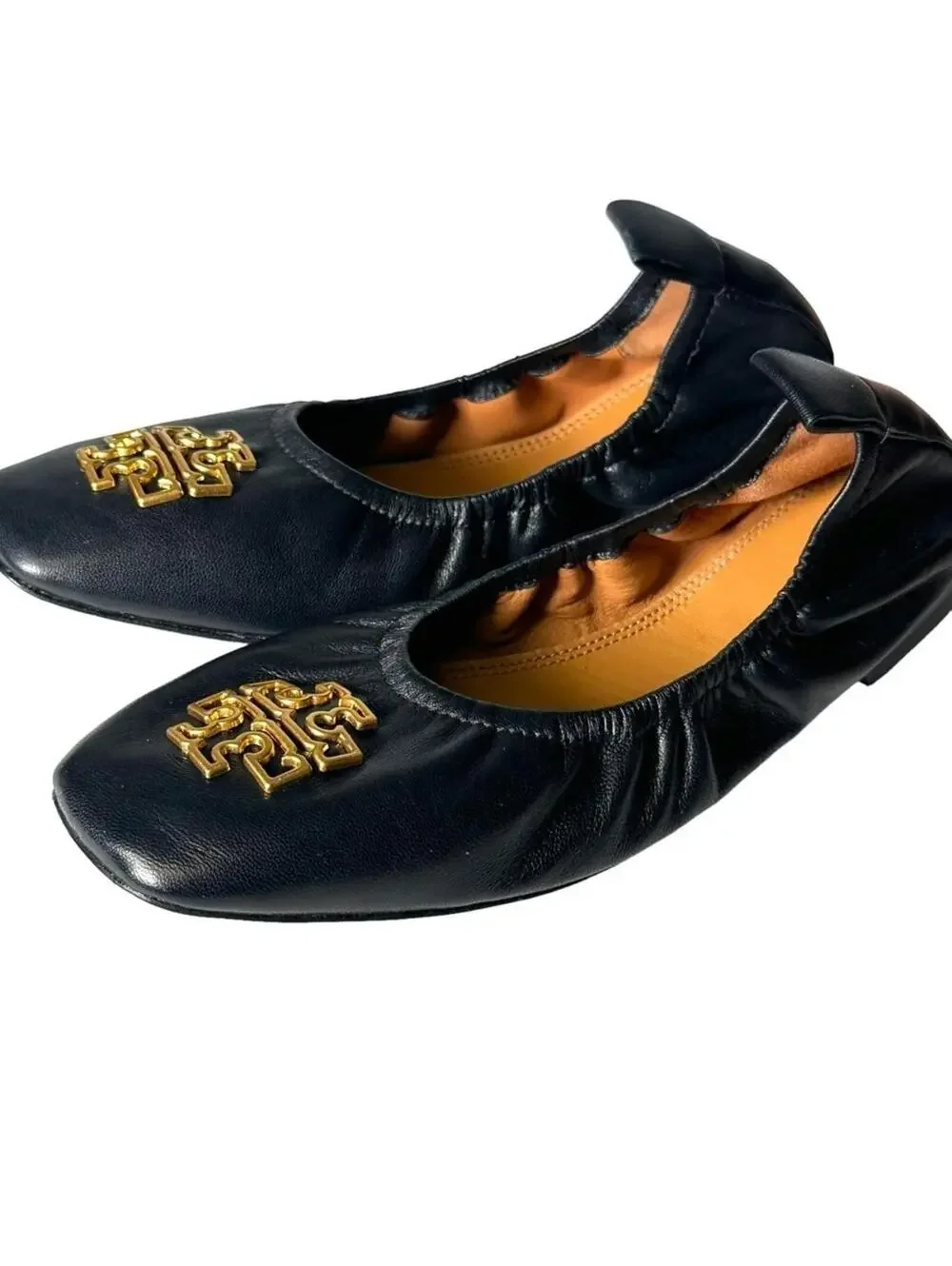 Tory Burch Britten Leather Ballet Flats Black Gold Logo 5.5M